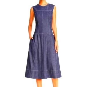 💖Donna Karan New York Topstitched, fit and flare, sleeveless denim dress.Sz. Sm